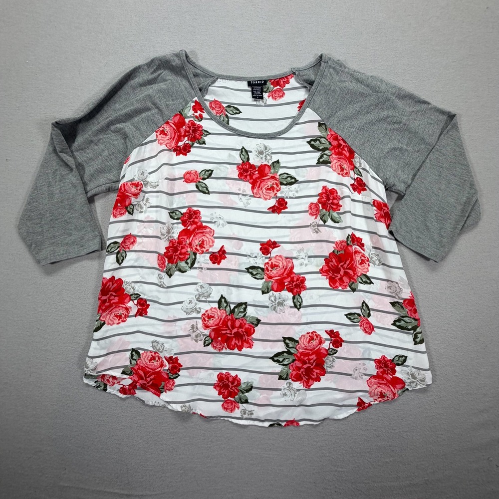 Torrid Womens Blouse Regular Fit Grey Red‎ Floral Stripe Raglan Mixed Media 2X